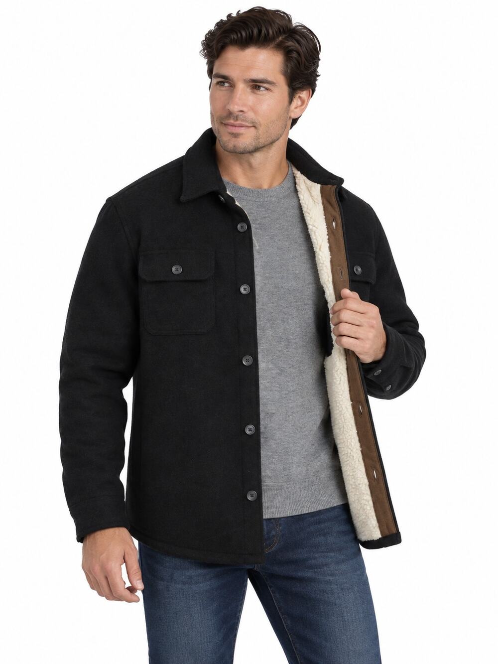 Jachs Men’s Black Wool Blend Sherpa-Lined Shirt Jacket NWT